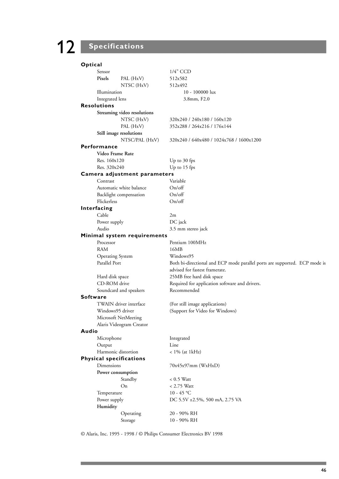 Philips PCA635VC manual Specifications 