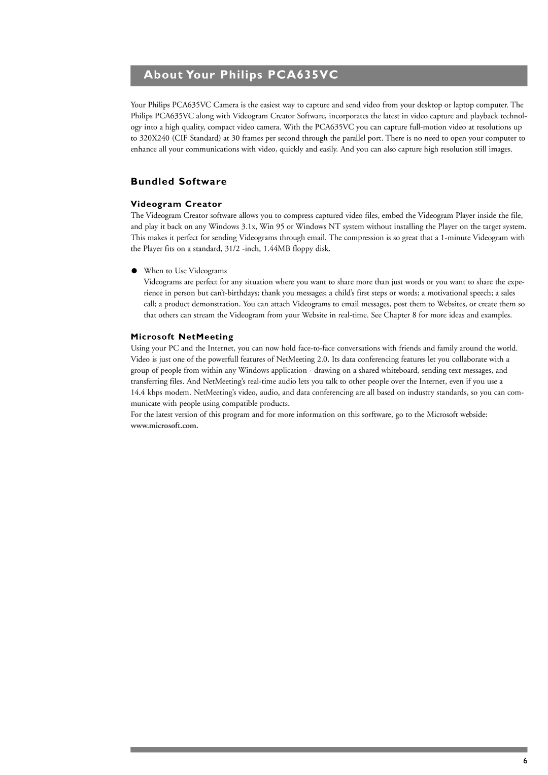 Philips manual About Your Philips PCA635VC, Bundled Software, Videogram Creator, Microsoft NetMeeting 