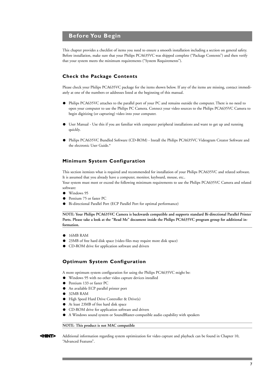 Philips PCA635VC Before You Begin, Check the Package Contents, Minimum System Configuration, Optimum System Configuration 