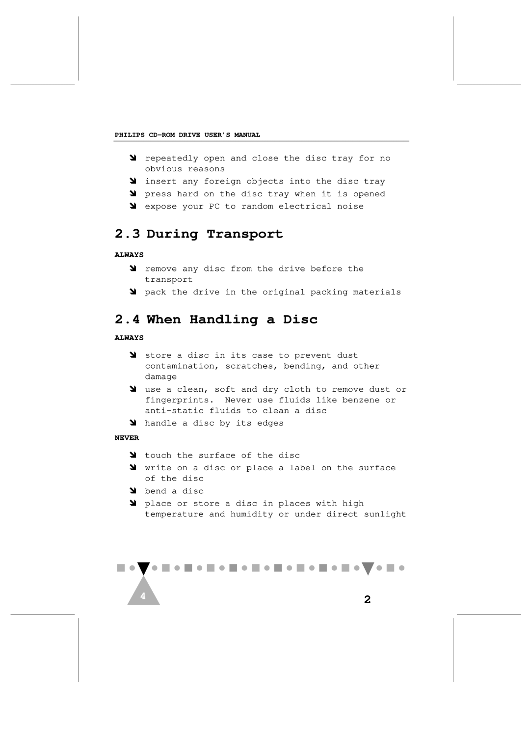 Philips PCA82CR, PCA102CD user manual During Transport, When Handling a Disc 