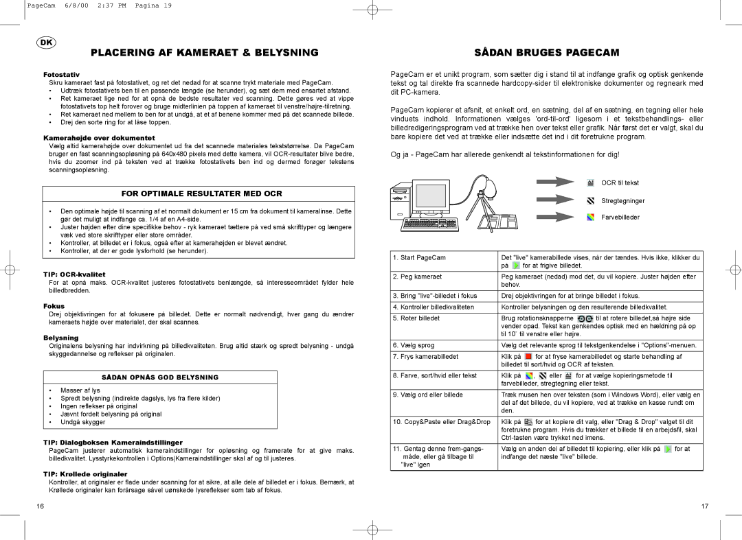 Philips PCVC690K manual Placering AF Kameraet & Belysning, Sådan Bruges Pagecam, For Optimale Resultater MED OCR 