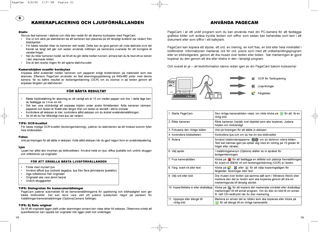 Philips PCVC690K manual Kameraplacering OCH Ljusförhållanden, Använda Pagecam, FÖR Bästa Resultat 