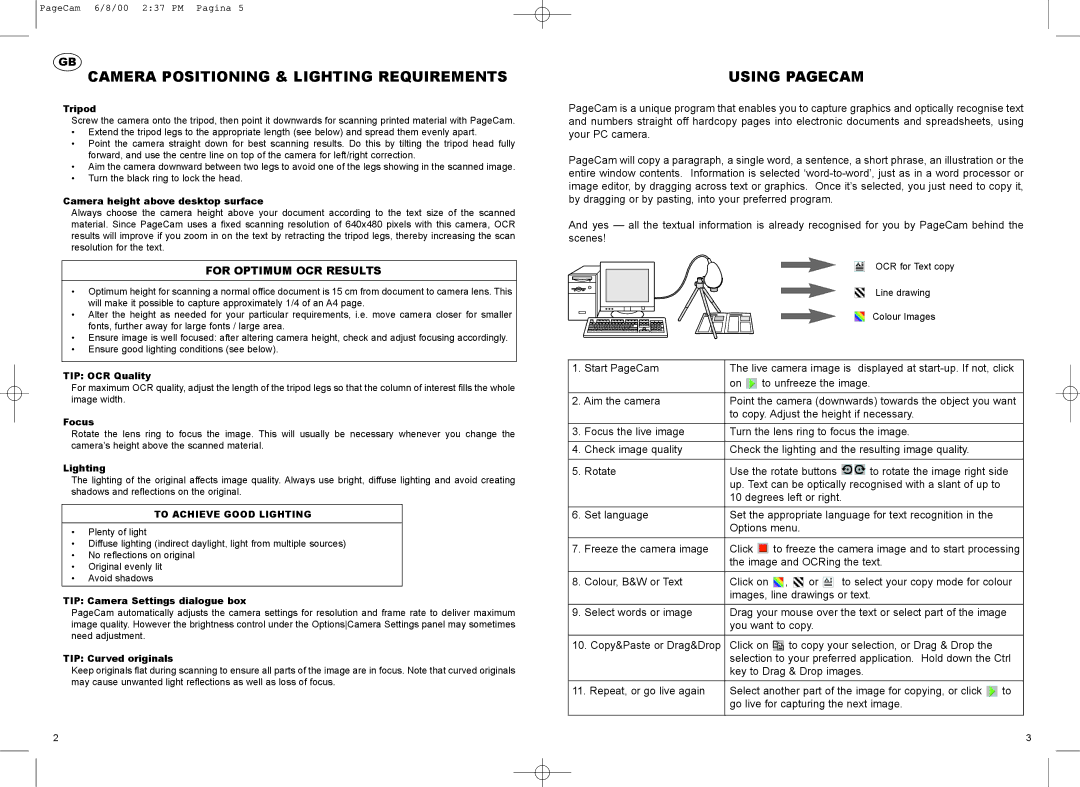 Philips PCVC690K manual Camera Positioning & Lighting Requirements, Using Pagecam, For Optimum OCR Results 