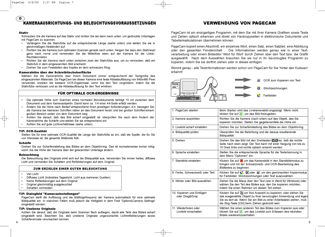 Philips PCVC690K manual Verwendung VON Pagecam, FÜR Optimale OCR-ERGEBNISSE, ZUM Erzielen Einer Guten Beleuchtung 