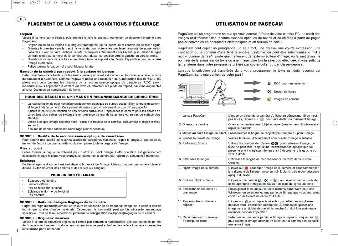 Philips PCVC690K manual Placement DE LA Caméra & Conditions Déclairage, Utilisation DE Pagecam, Pour UN BON Éclairage 