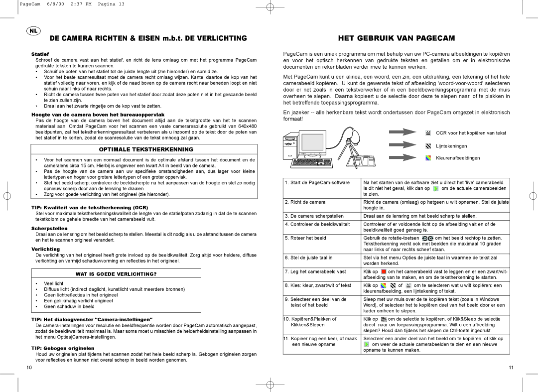 Philips PCVC690K manual HET Gebruik VAN Pagecam, Optimale Tekstherkenning, WAT is Goede VERLICHTING? 