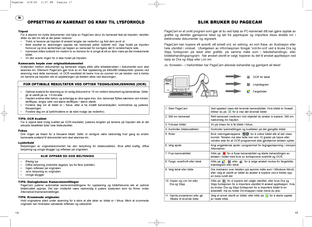 Philips PCVC690K manual Oppsetting AV Kameraet OG Krav TIL Lysforhold, Slik Bruker DU Pagecam, Slik Oppnår DU GOD Belysning 