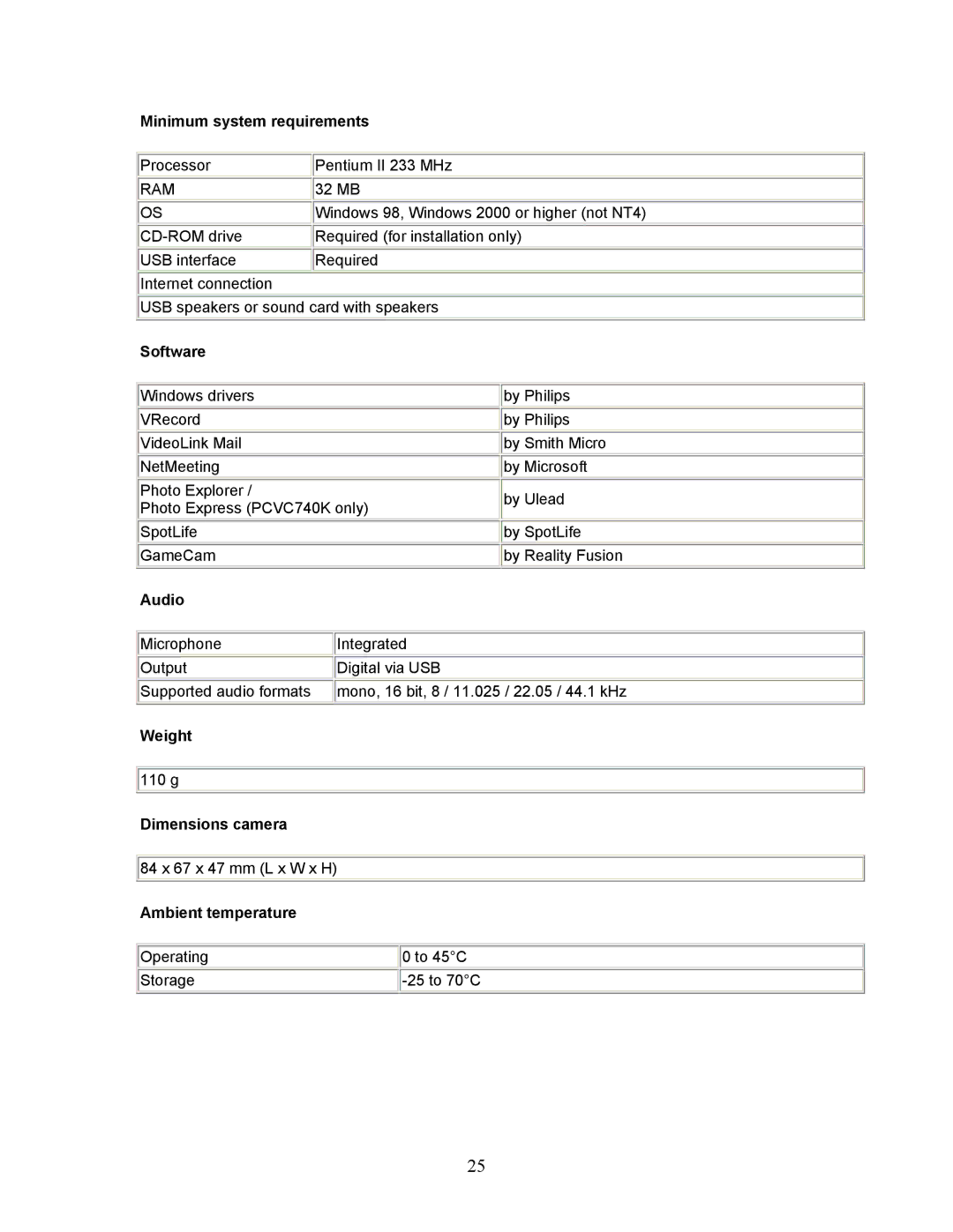 Philips PCVC740K99 Minimum system requirements, Software, Audio, Weight, Dimensions camera, Ambient temperature 