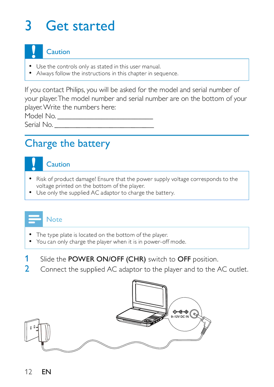 Philips PD7000B/98 user manual Get started, Charge the battery 