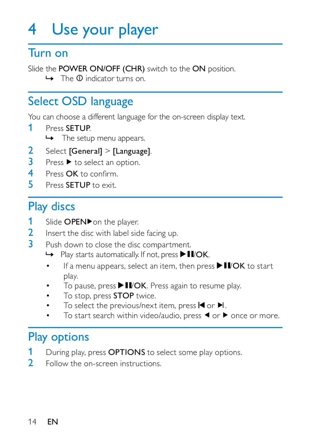 Philips PD7000B/98 user manual Use your player, Turn on, Select OSD language, Play discs, Play options 