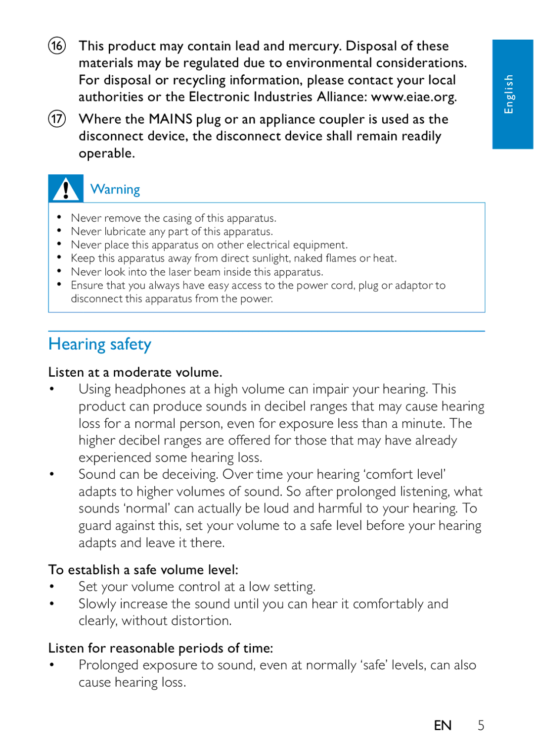 Philips PD7000B/98 user manual Hearing safety 