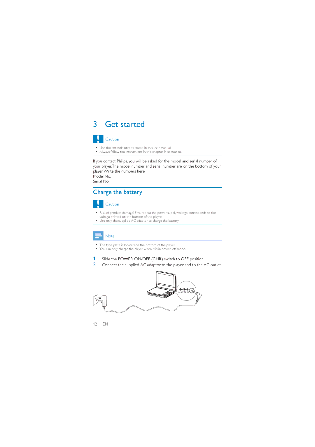 Philips PD7000S, PD7000C user manual Get started, Charge the battery 