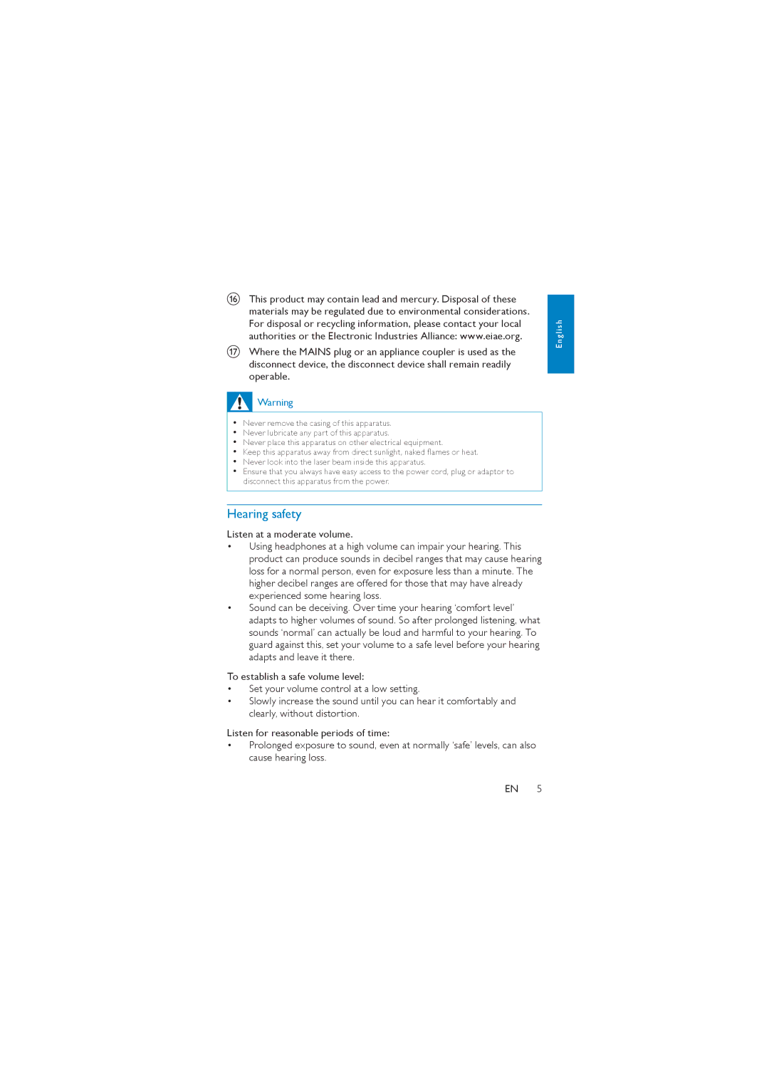 Philips PD7000C, PD7000S user manual Hearing safety 