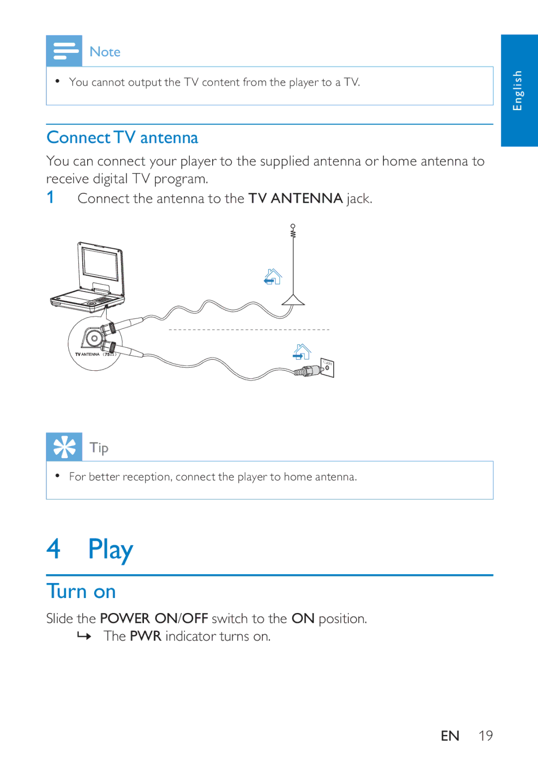 Philips PD7005 user manual Play, Turn on, ConnectTV antenna 