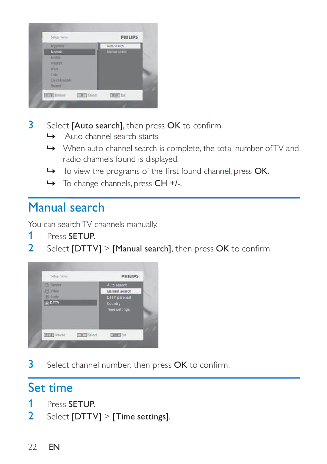 Philips PD7005 user manual Manual search, Set time 