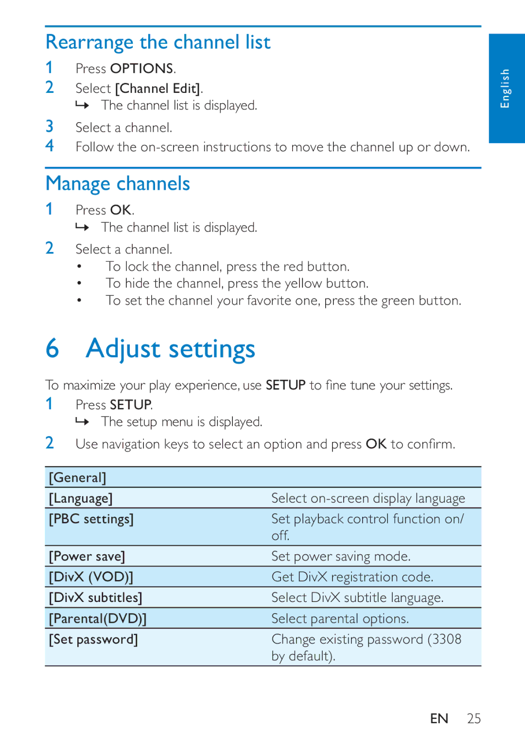 Philips PD7005 user manual Adjust settings, Rearrange the channel list, Manage channels 