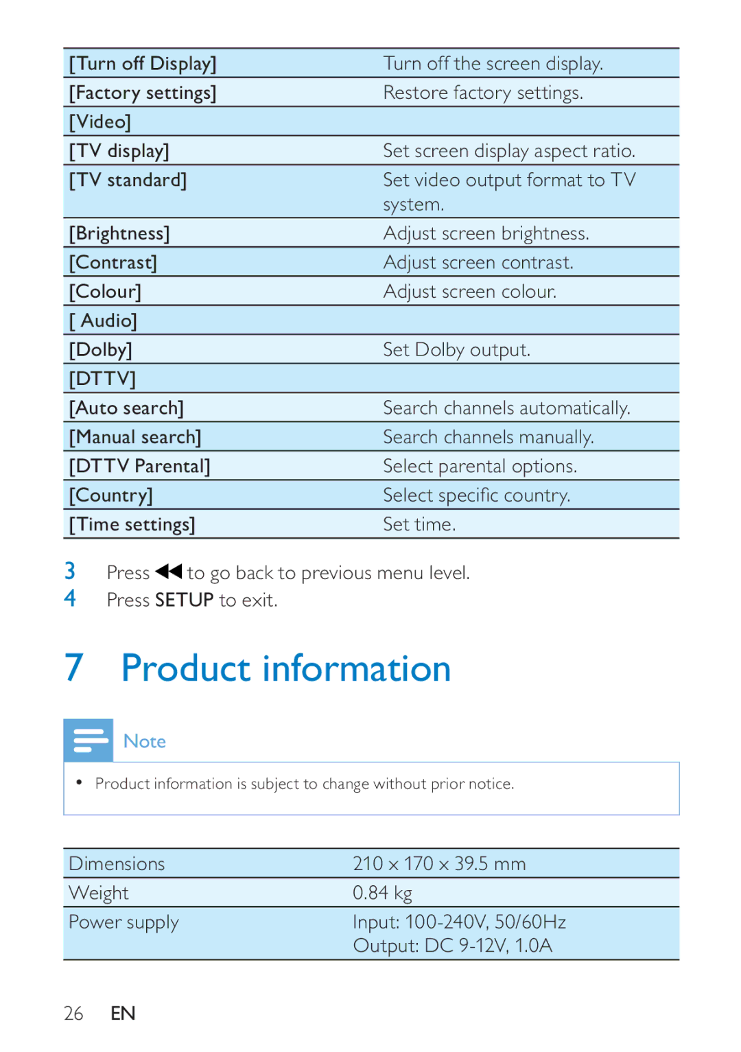 Philips PD7005 user manual Product information, Dttv 