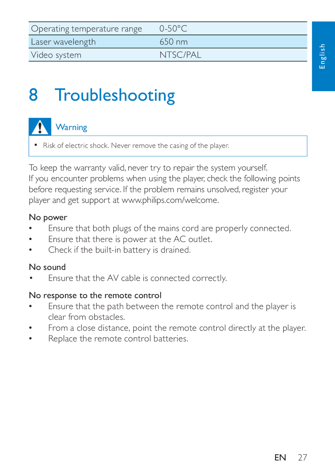 Philips PD7005 user manual Troubleshooting 