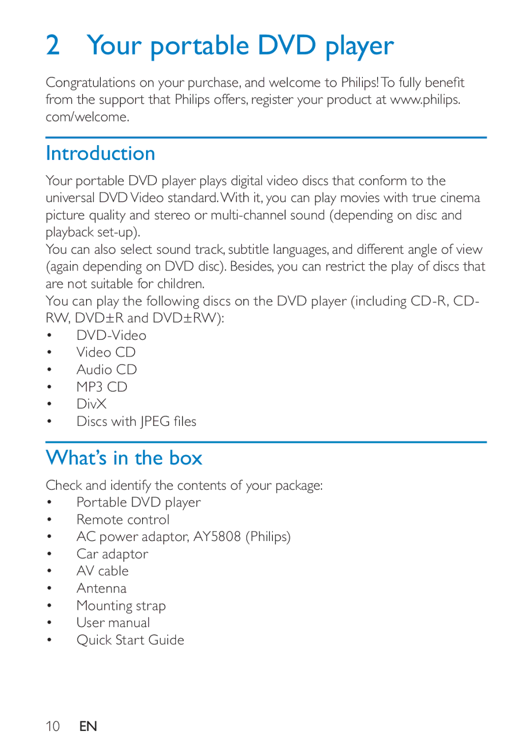 Philips PD7005 user manual Your portable DVD player, Introduction, What’s in the box 