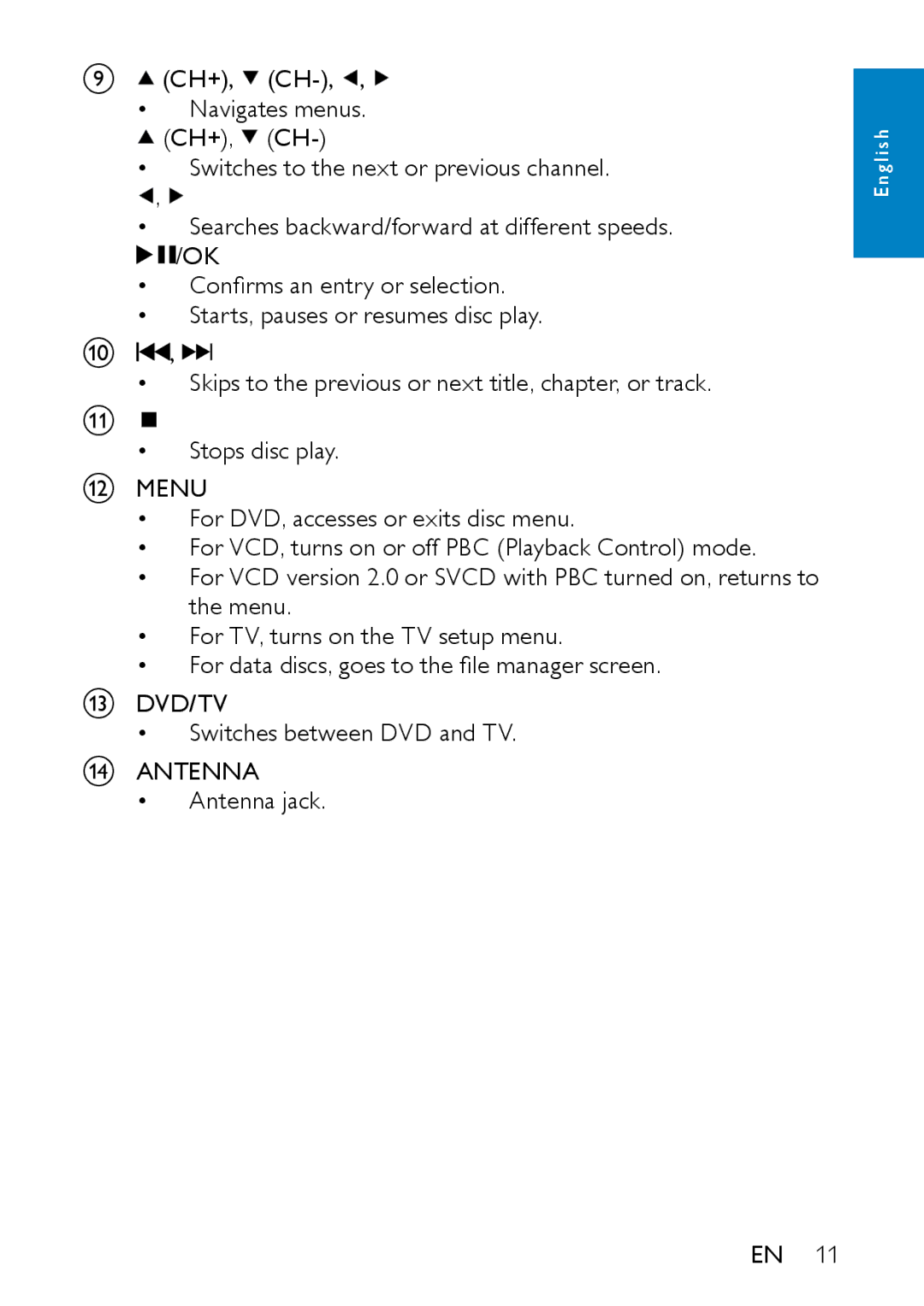 Philips PD7007/93 user manual Menu, Dvd/Tv, Antenna 