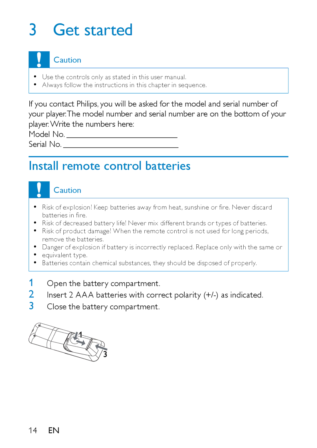 Philips PD7007/93 user manual Get started, Install remote control batteries 