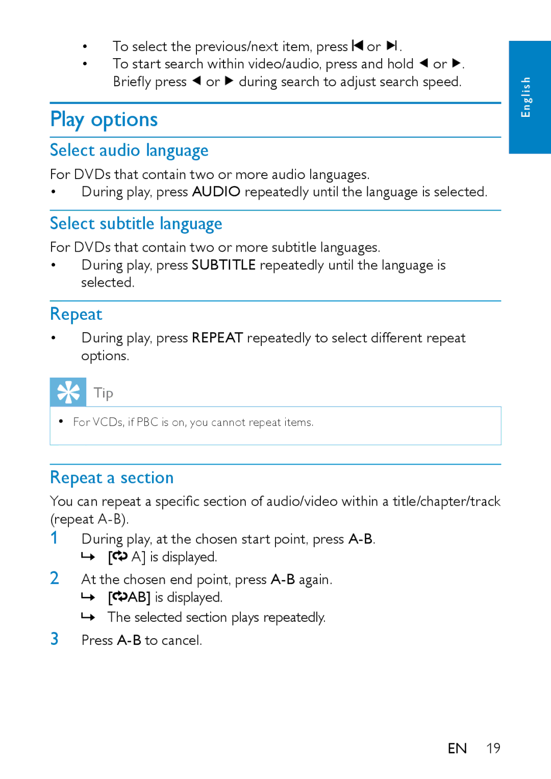 Philips PD7007/93 user manual Play options, Select audio language, Select subtitle language, Repeat a section 