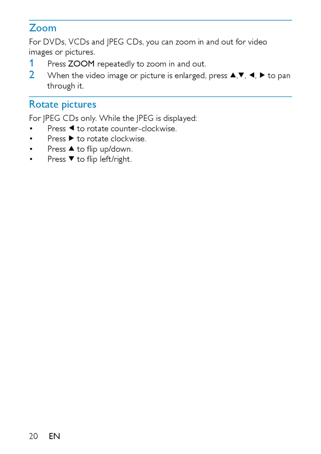 Philips PD7007/93 user manual Zoom, Rotate pictures 