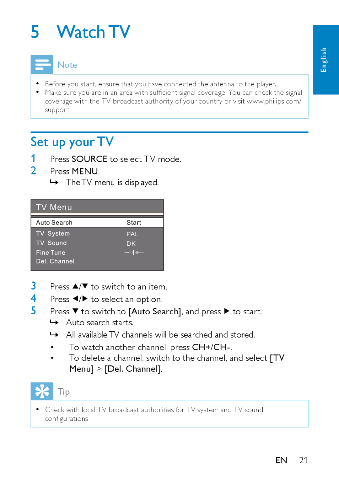 Philips PD7007/93 user manual Watch TV, Set up your TV 