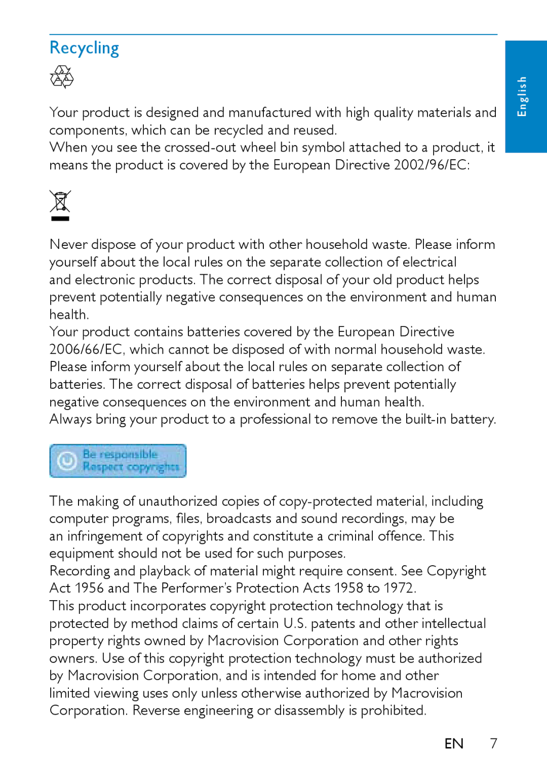 Philips PD7007/93 user manual Recycling 