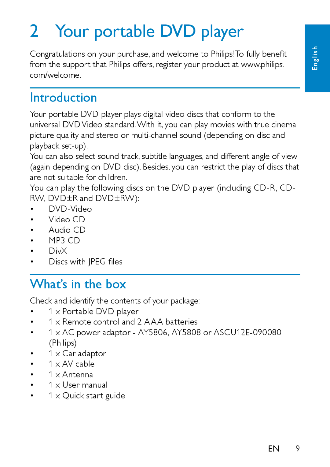 Philips PD7007/93 user manual Your portable DVD player, Introduction, What’s in the box 