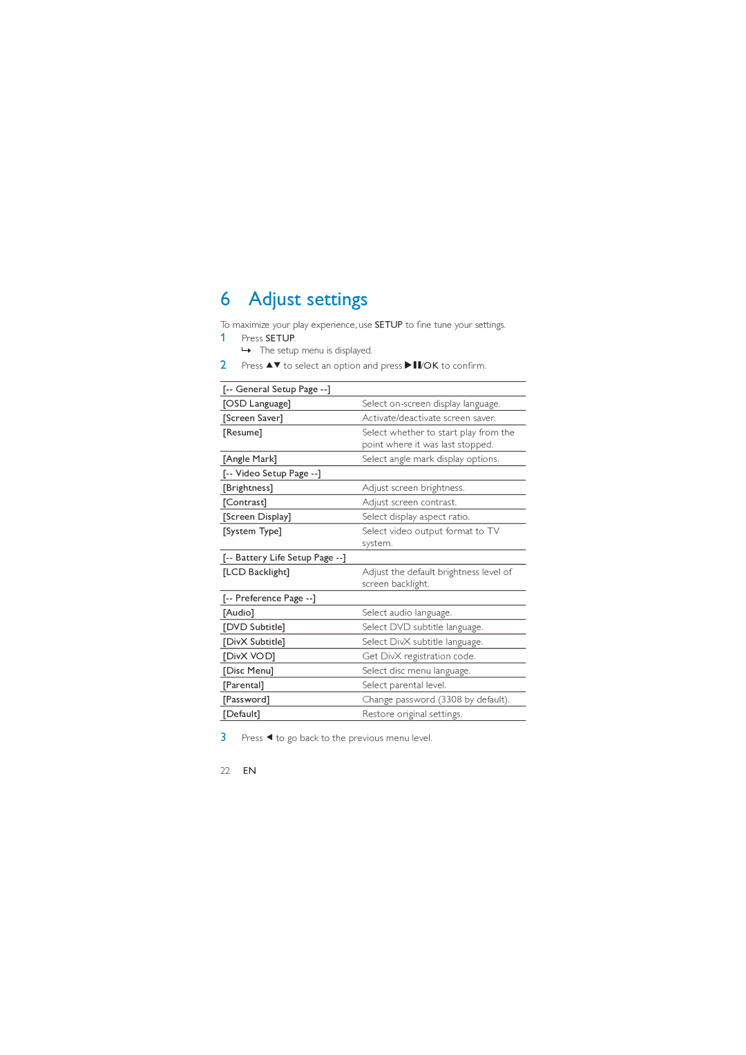 Philips PD7007/55 user manual Adjust settings 