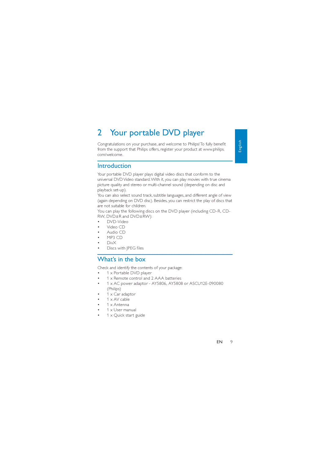 Philips PD7007/55 user manual Your portable DVD player, Introduction, What’s in the box 