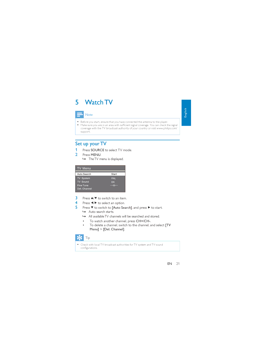 Philips PD7007/98 user manual Watch TV, Set up your TV 