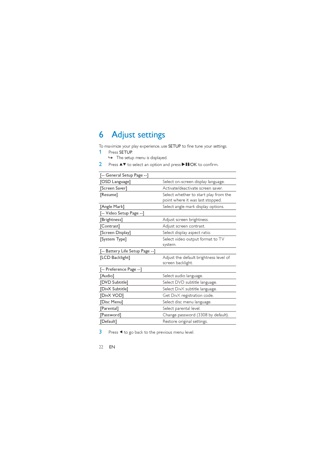 Philips PD7007/98 user manual Adjust settings 