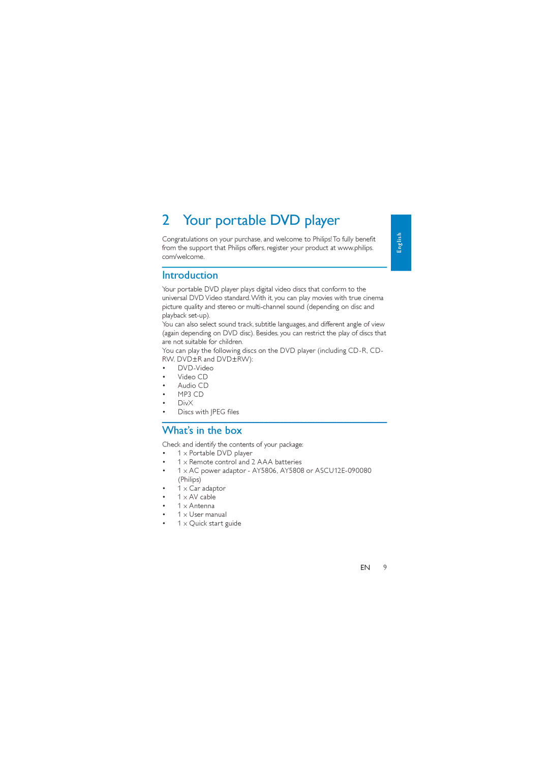 Philips PD7007/98 user manual Your portable DVD player, Introduction, What’s in the box 