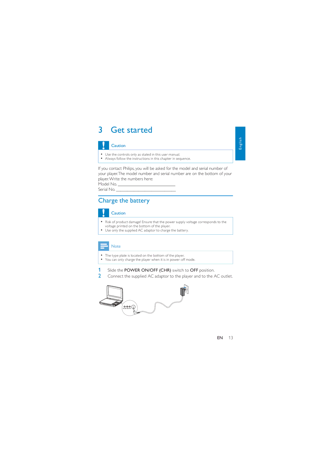 Philips PD7010/93 user manual Get started, Charge the battery 