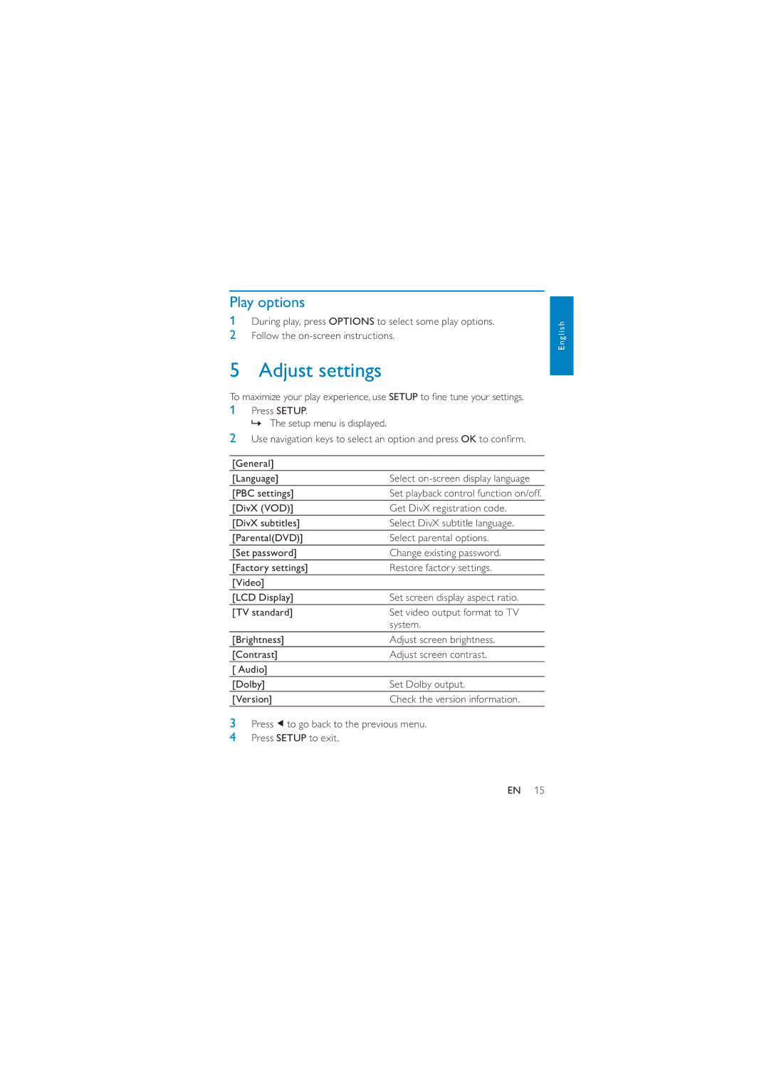 Philips PD7010/93 user manual Adjust settings, Play options 