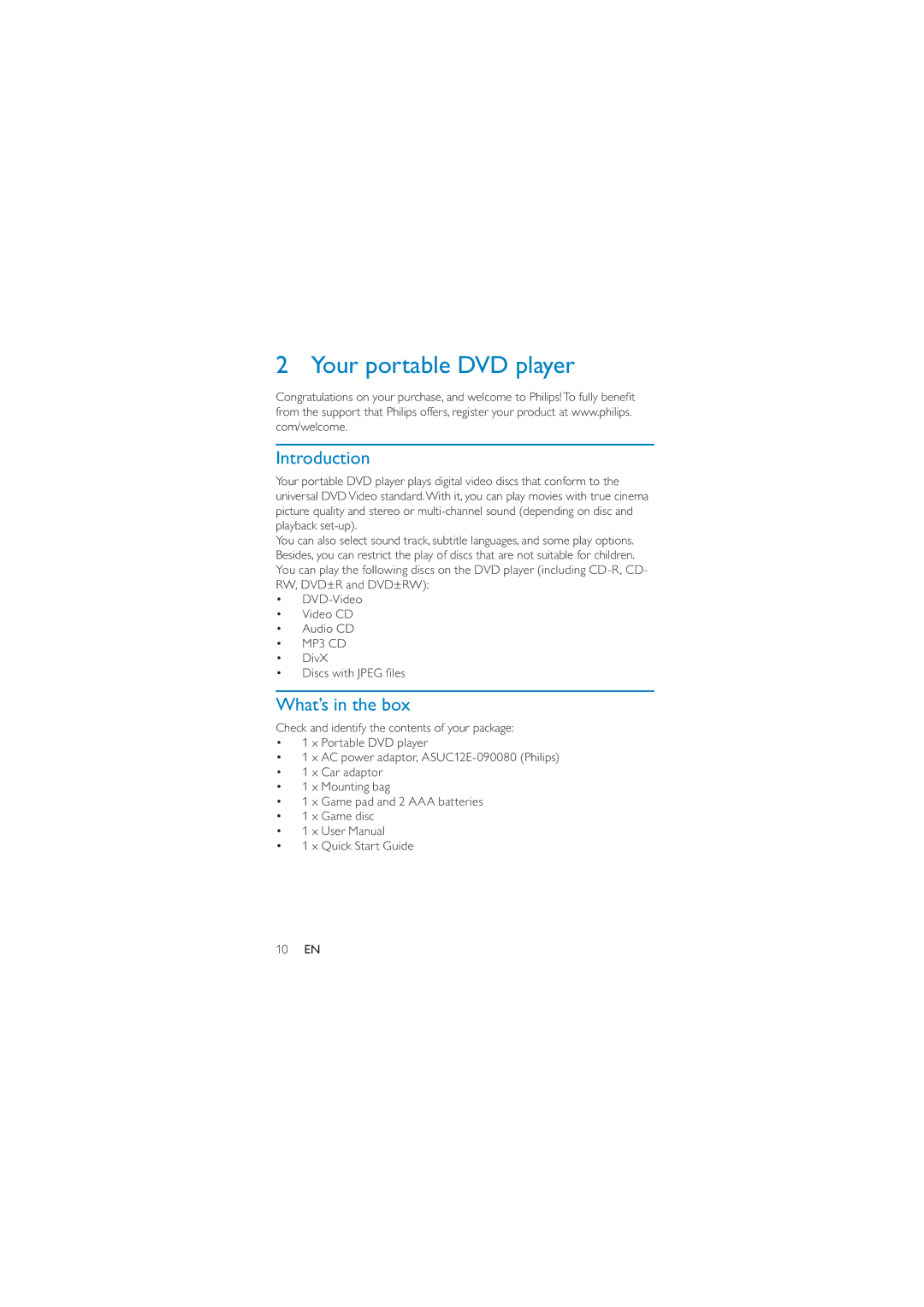 Philips PD7010/93 user manual Your portable DVD player, Introduction, What’s in the box 