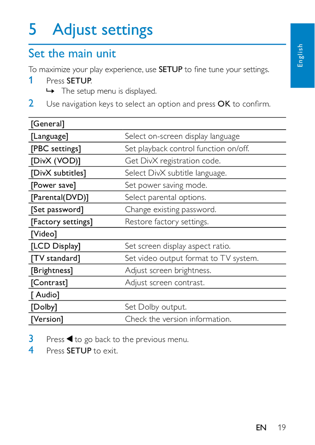 Philips PD7013/55 user manual Adjust settings, Set the main unit 