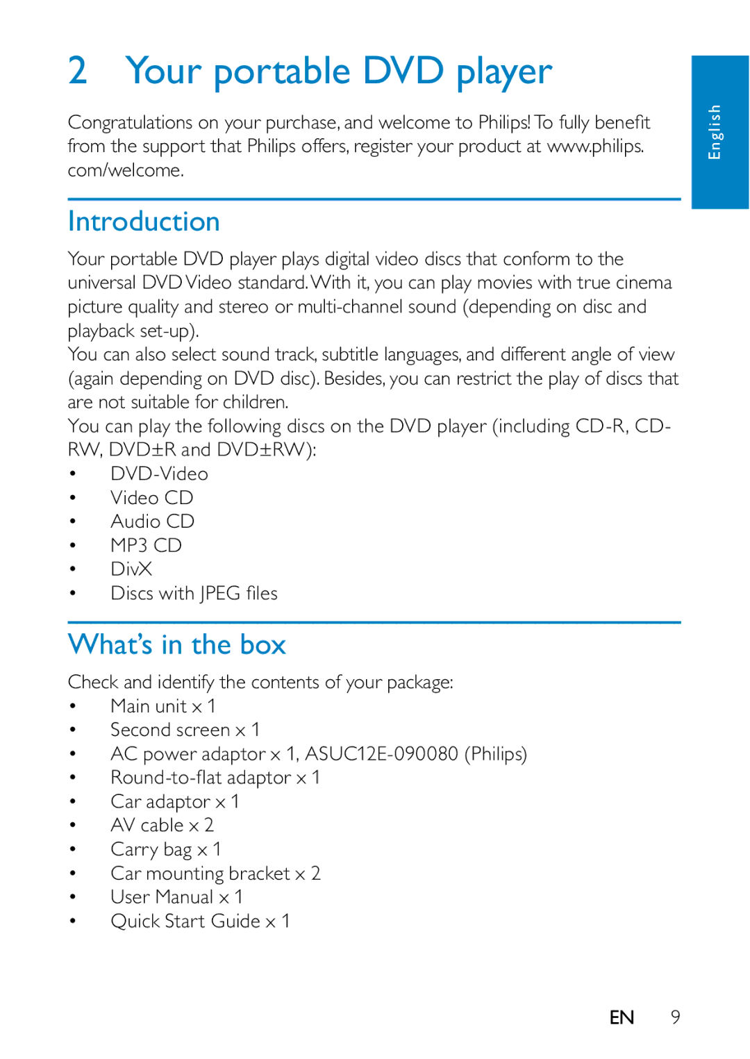 Philips PD7013/55 user manual Your portable DVD player, Introduction, What’s in the box 