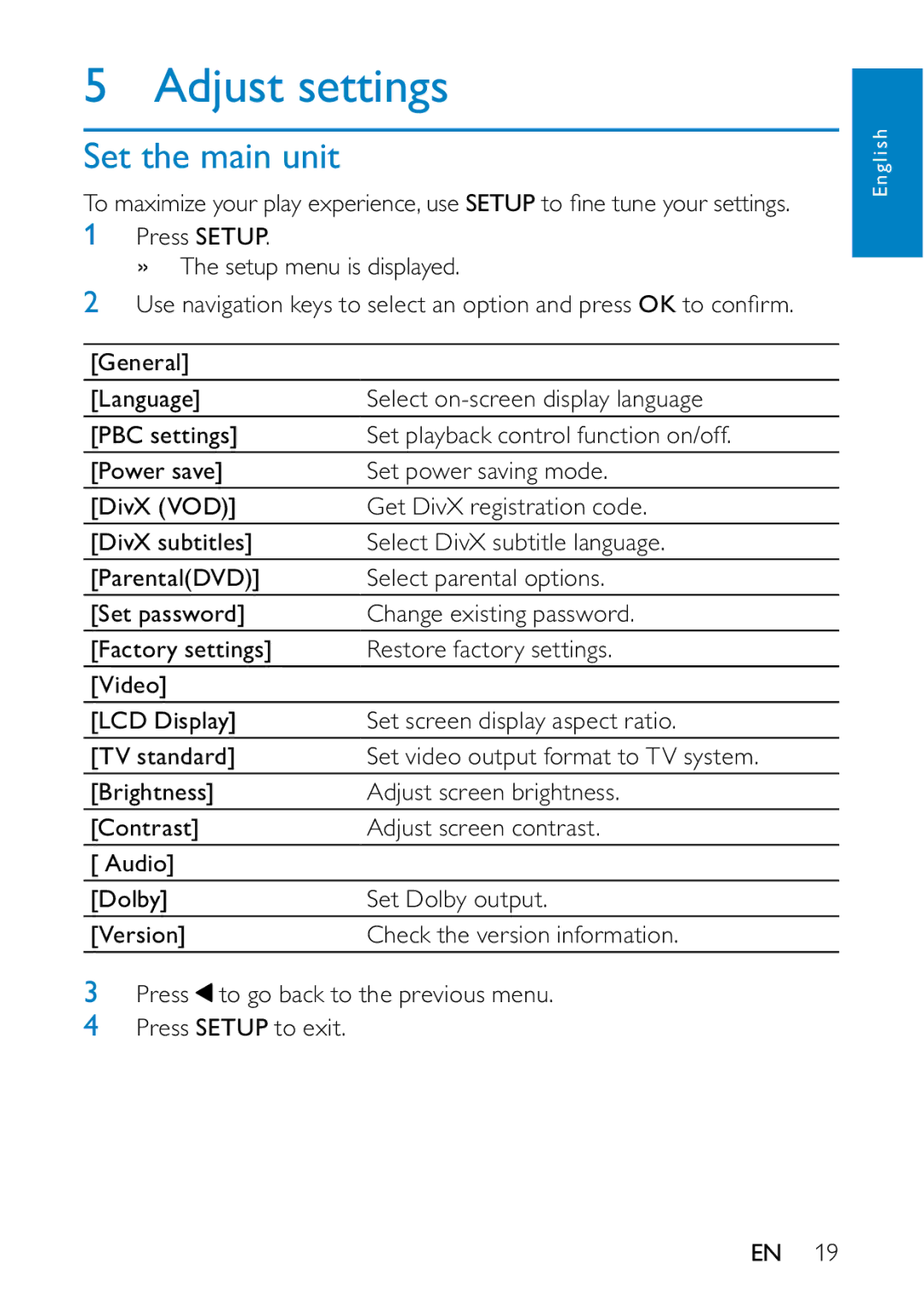 Philips PD7013/77 user manual Adjust settings, Set the main unit 