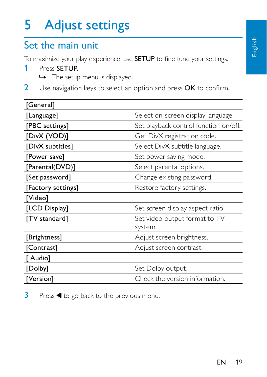 Philips PD7013/79 user manual Adjust settings, Set the main unit 