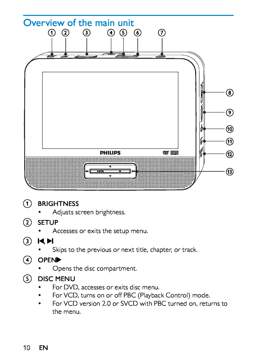 Philips PD7013/79 user manual Overview of the main unit, a BRIGHTNESS Adjusts screen brightness b SETUP, 10 EN 