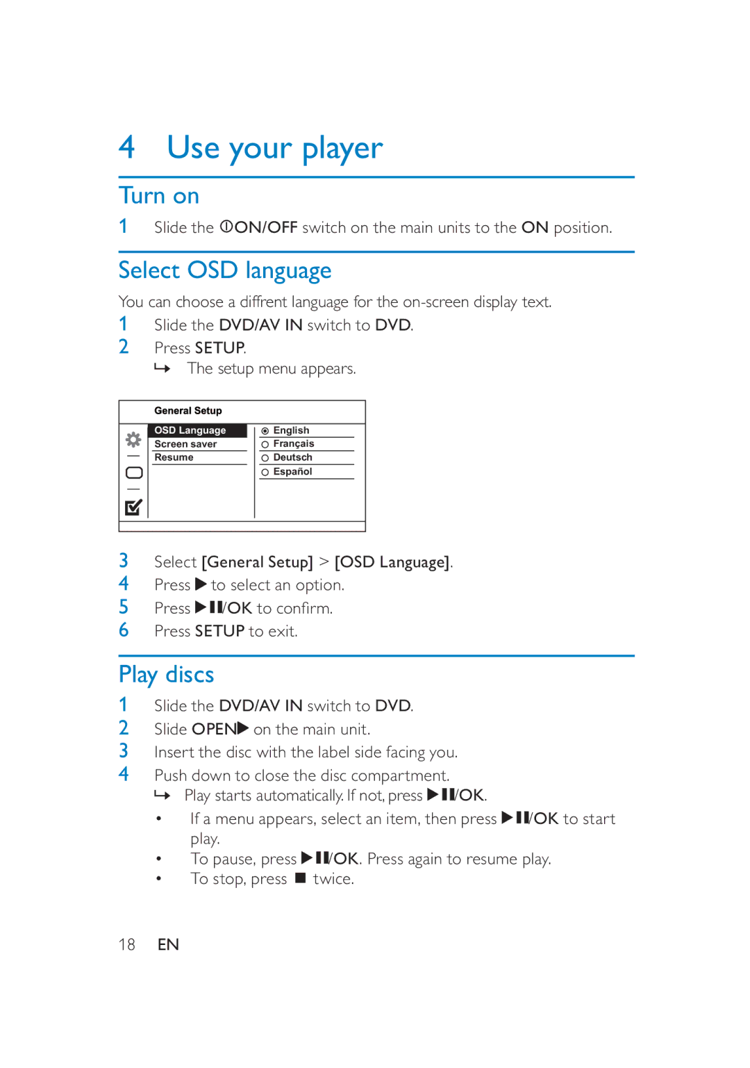 Philips PD7016/37 user manual Use your player, Turn on, Select OSD language, Play discs 