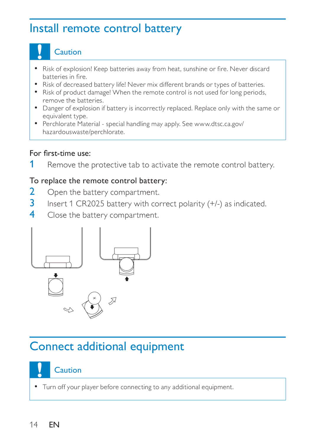 Philips PD7020/12 user manual Install remote control battery, Connect additional equipment 