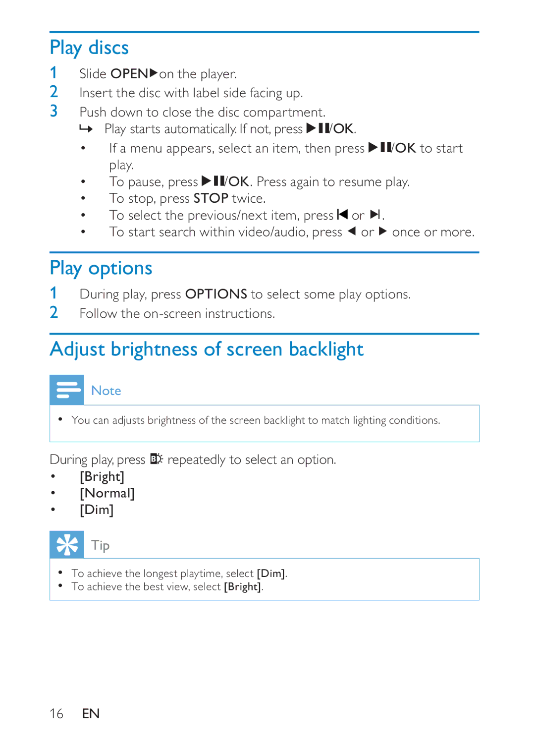 Philips PD7020/12 user manual Play discs, Play options, Adjust brightness of screen backlight 