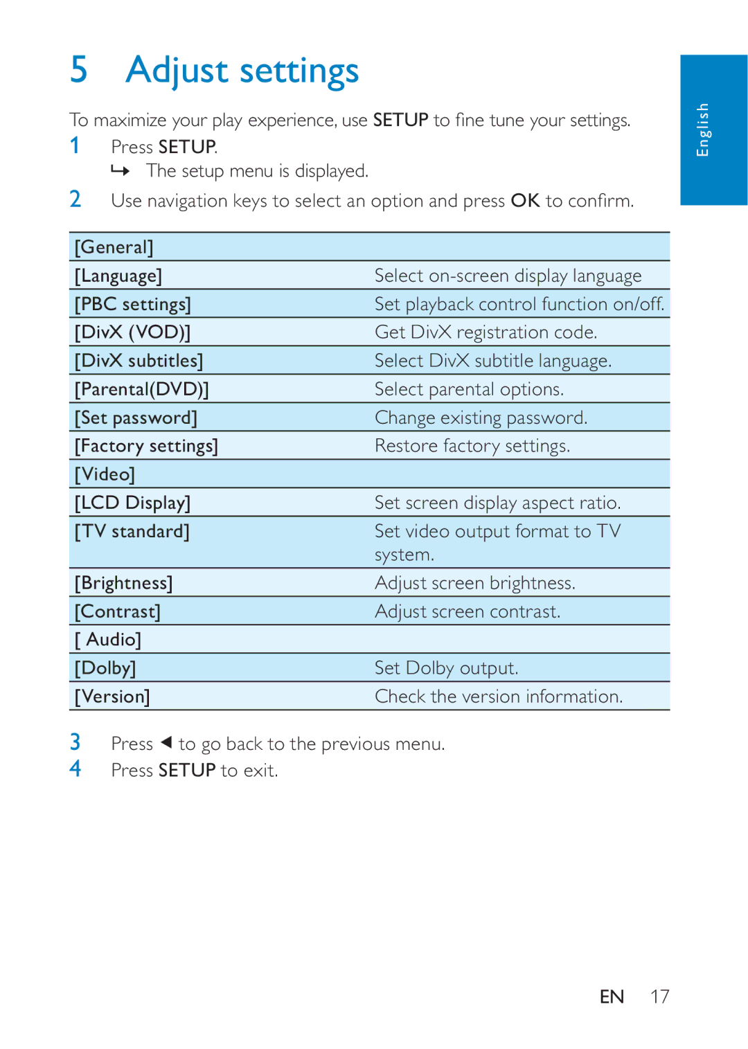 Philips PD7020/12 user manual Adjust settings 