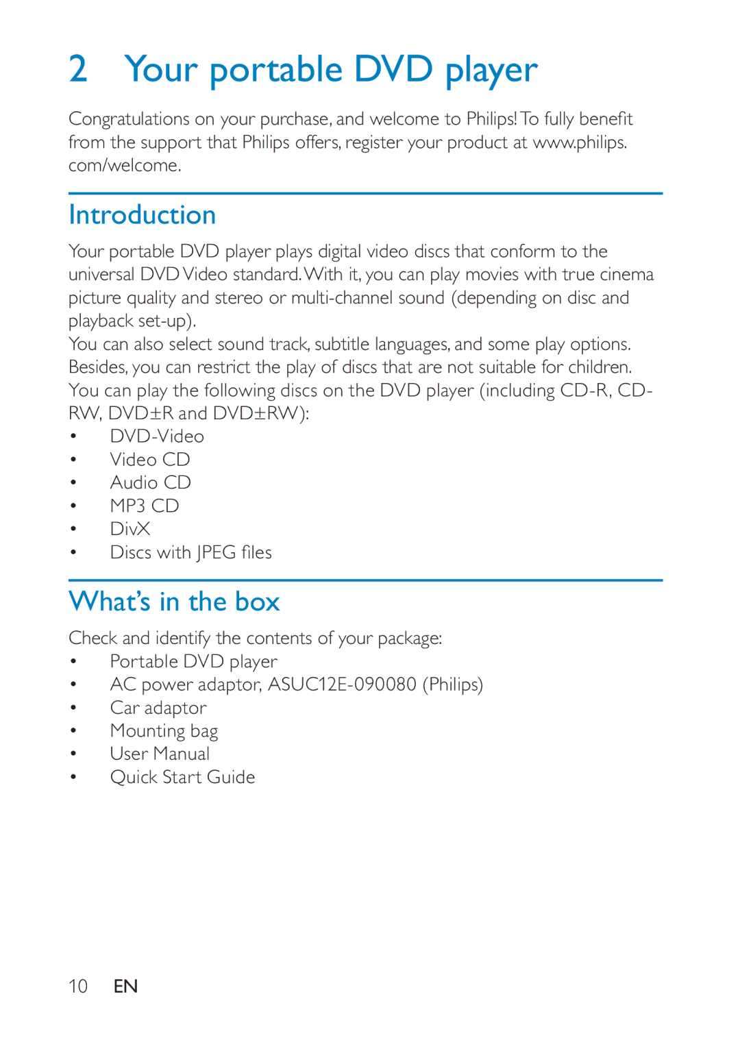 Philips PD7020/12 user manual Your portable DVD player, Introduction, What’s in the box 