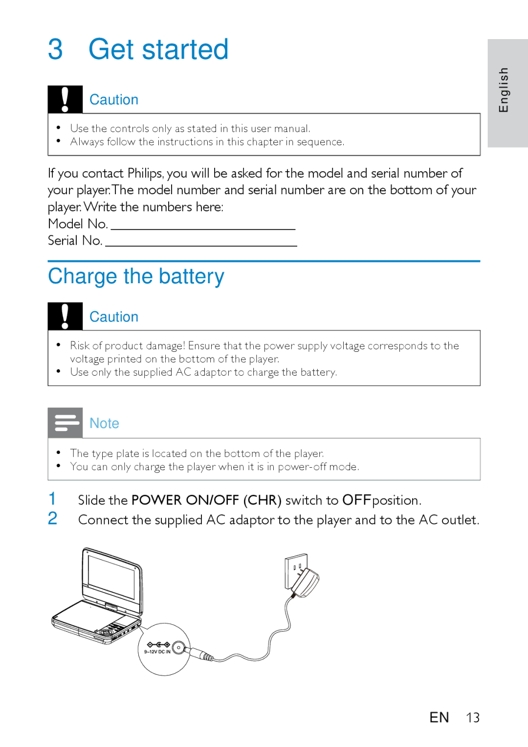 Philips PD7020/51 user manual Get started, Charge the battery 