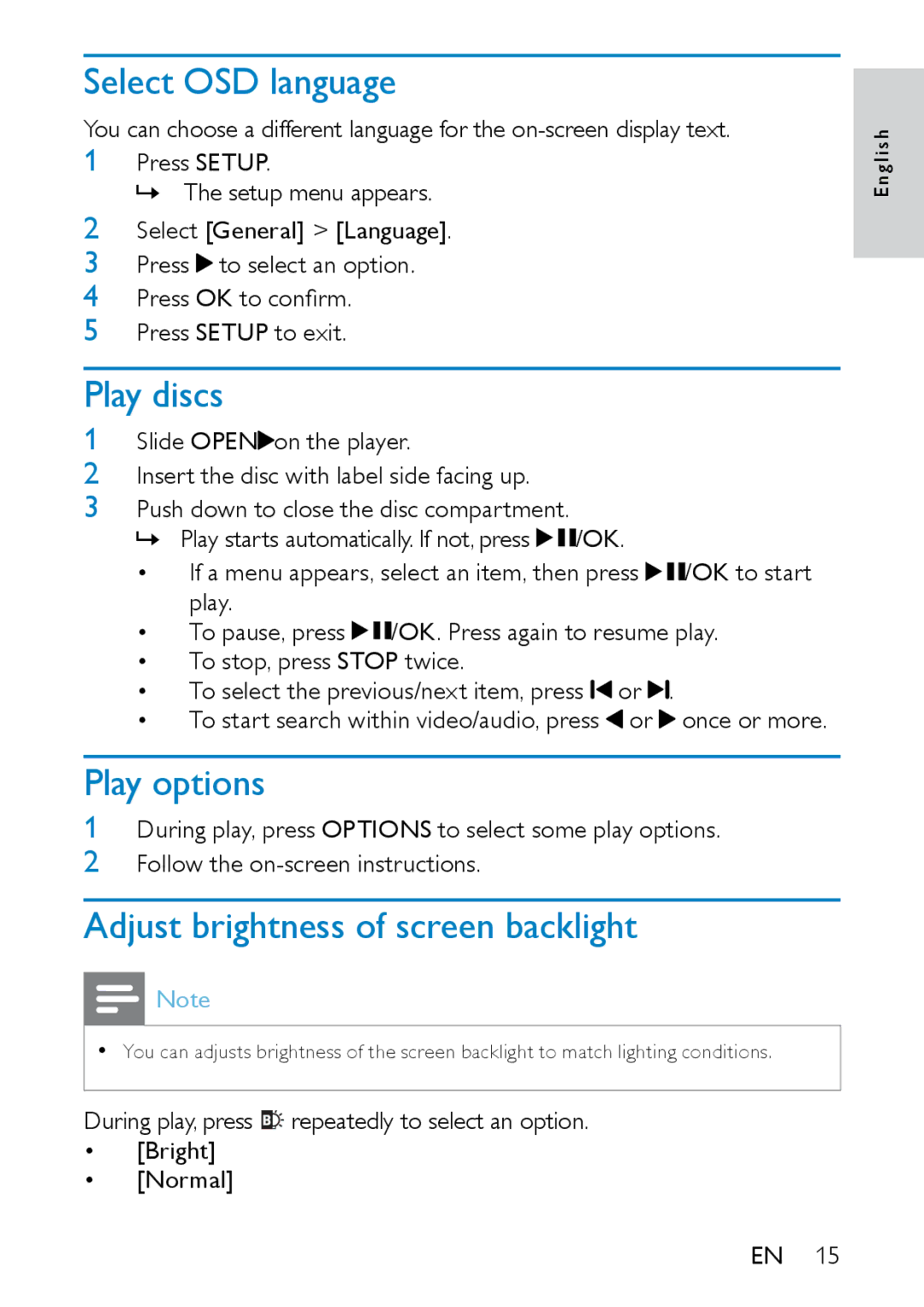 Philips PD7020/51 user manual Select OSD language, Play discs, Play options, Adjust brightness of screen backlight 